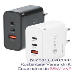 anco® 65W USB-C Netzteil – Dreifach-Schnellladegerät für Smartphone, Tablet & Notebook